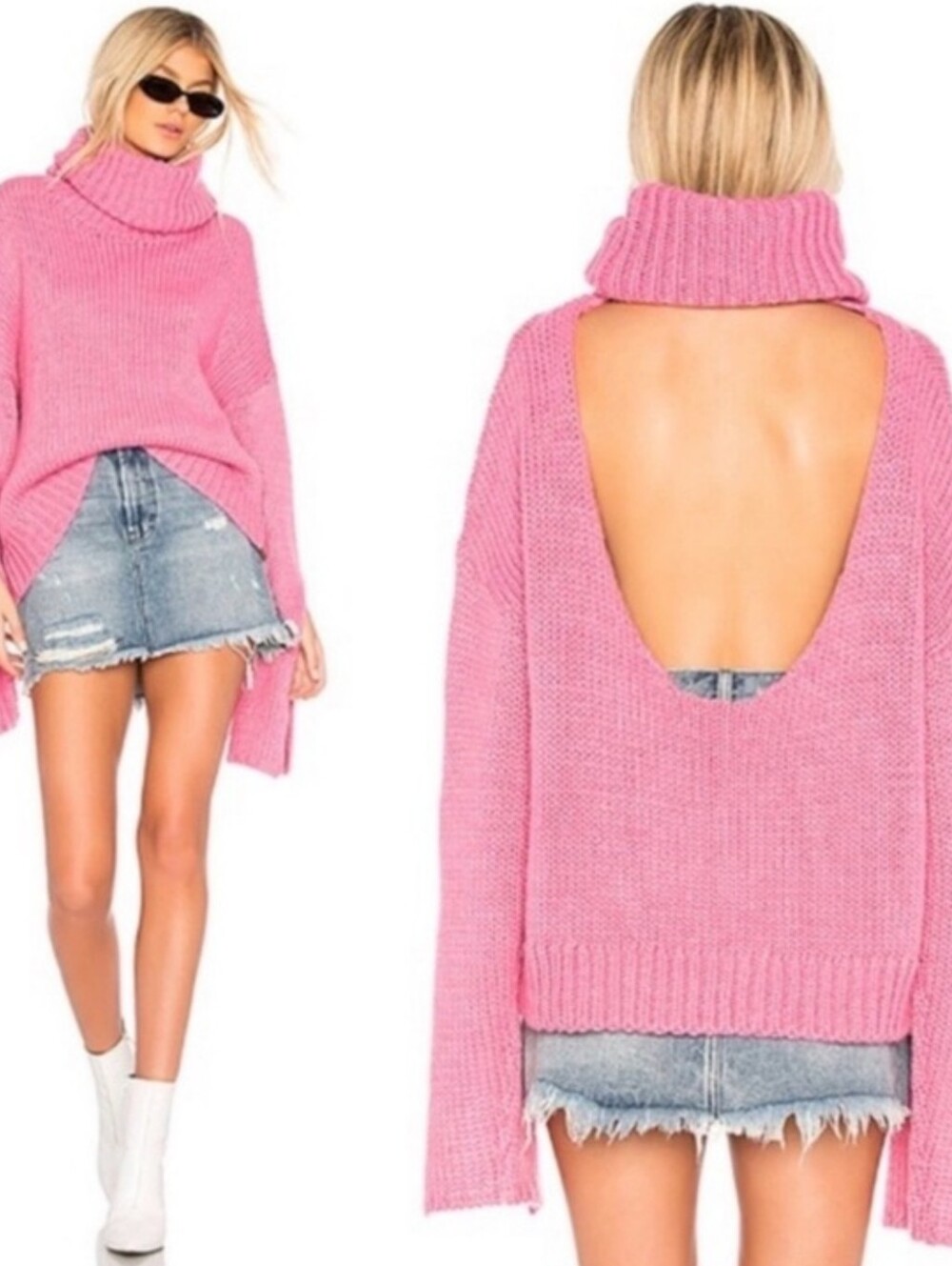 NWT One Teaspoon Winona Keyhole Open-Back Chunky Turtleneck Sweater Size Sm Pink
